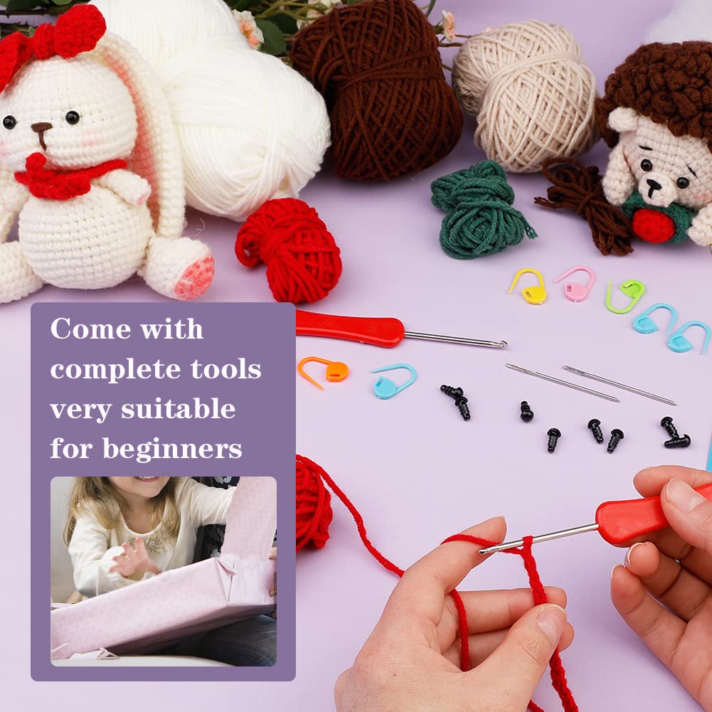 Fenrry Häkelsets mit Igel und Kaninchen, DIY-Anfänger, mit Garnknäueln, Maschenmarkierern, Nadeln, Anleitung, Zubehör