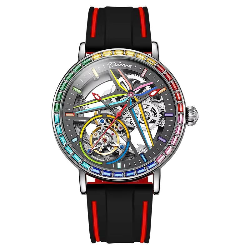 

Мужские часы топ-бренда 3АТМ Водонепроницаемые Полностью стальные Автоматические Механические Скелетон Дизайн Турбийон Светящиеся Мужские часы Silicone чёрный/серебряный