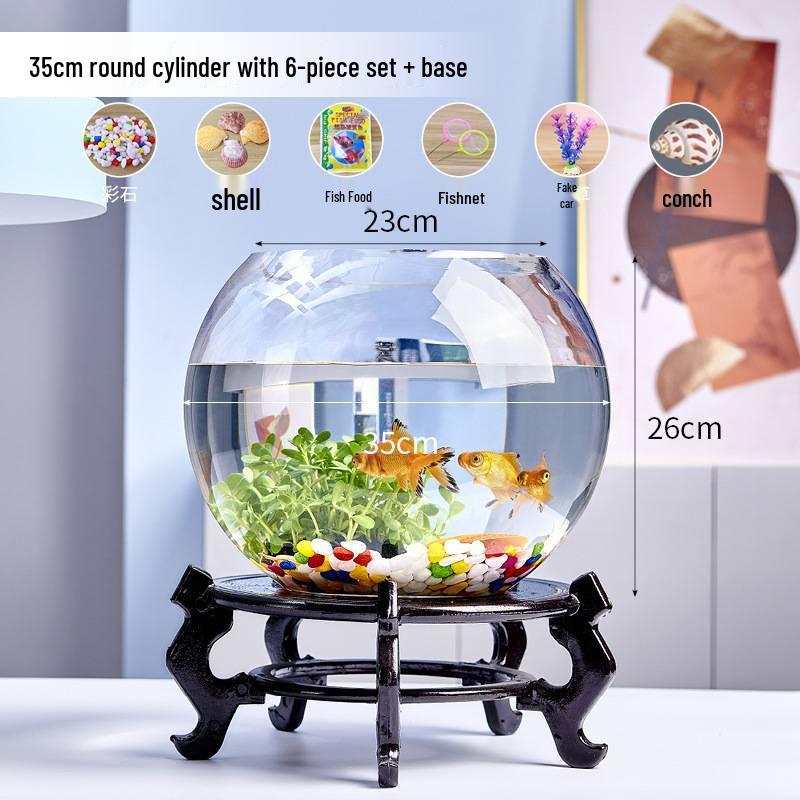Jialei Dezhu Transparent Round Glass Fish Tank & Turtle Aquarium for Desktop Living Room