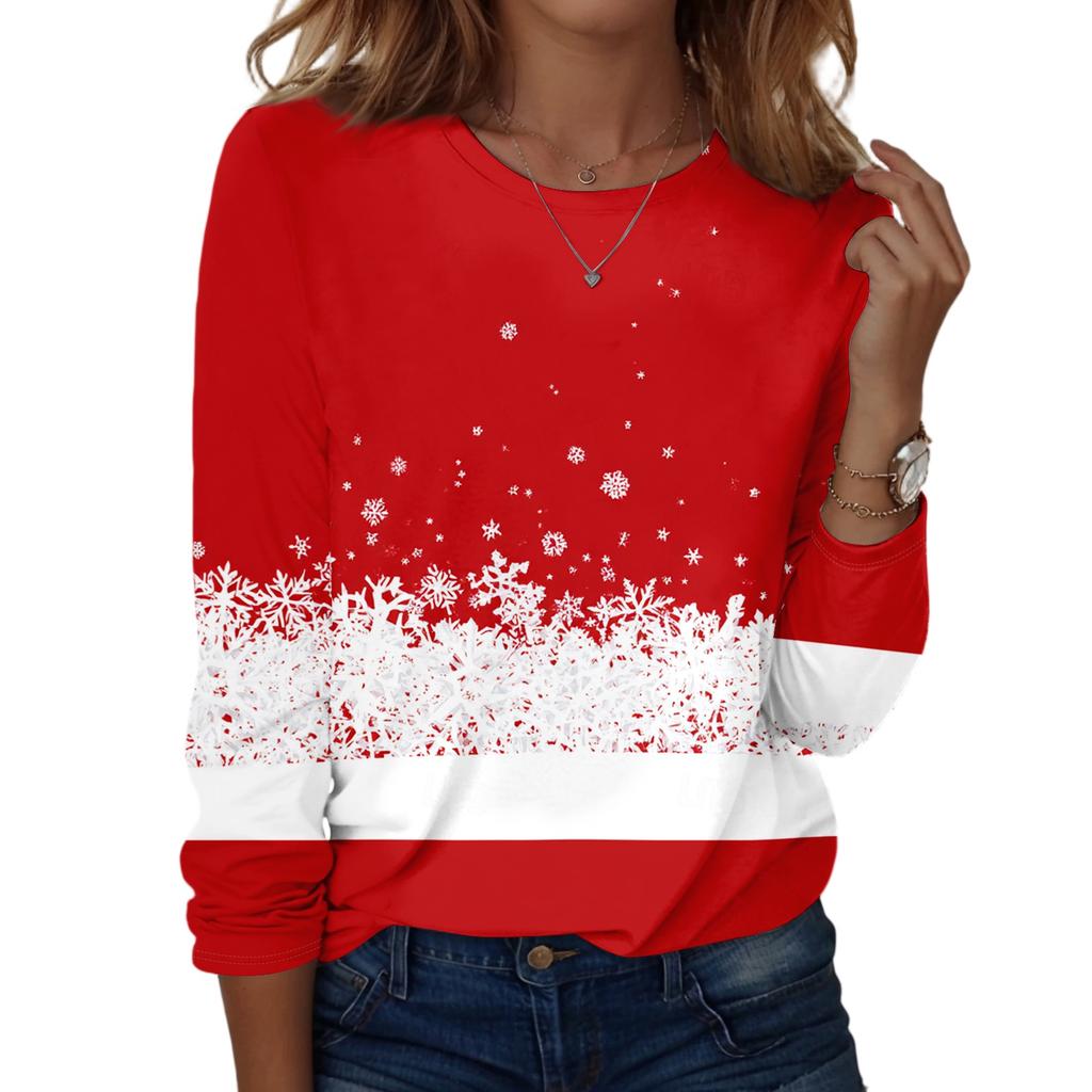 Damenmode Weihnachten Print Hals Langarm Pullover Top für Feiertagskleidung