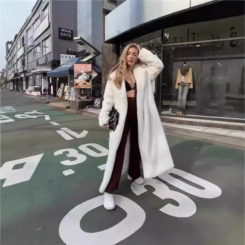 Winter Pelz Damen Langer Mantel Revers Pelzimitat Pelz Trenchcoat