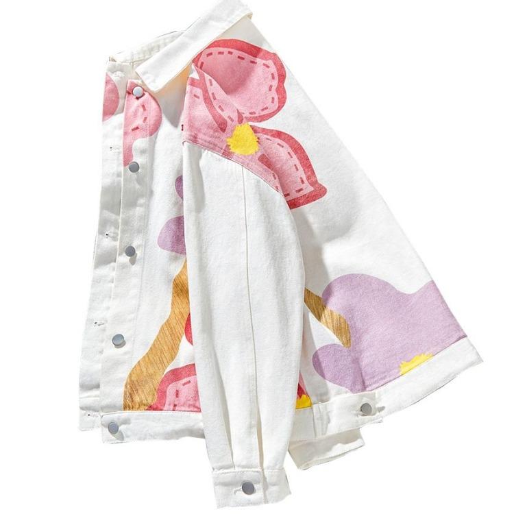 Vintage Floral Loose Fit Jean Jacket with Casual Hong Kong Style