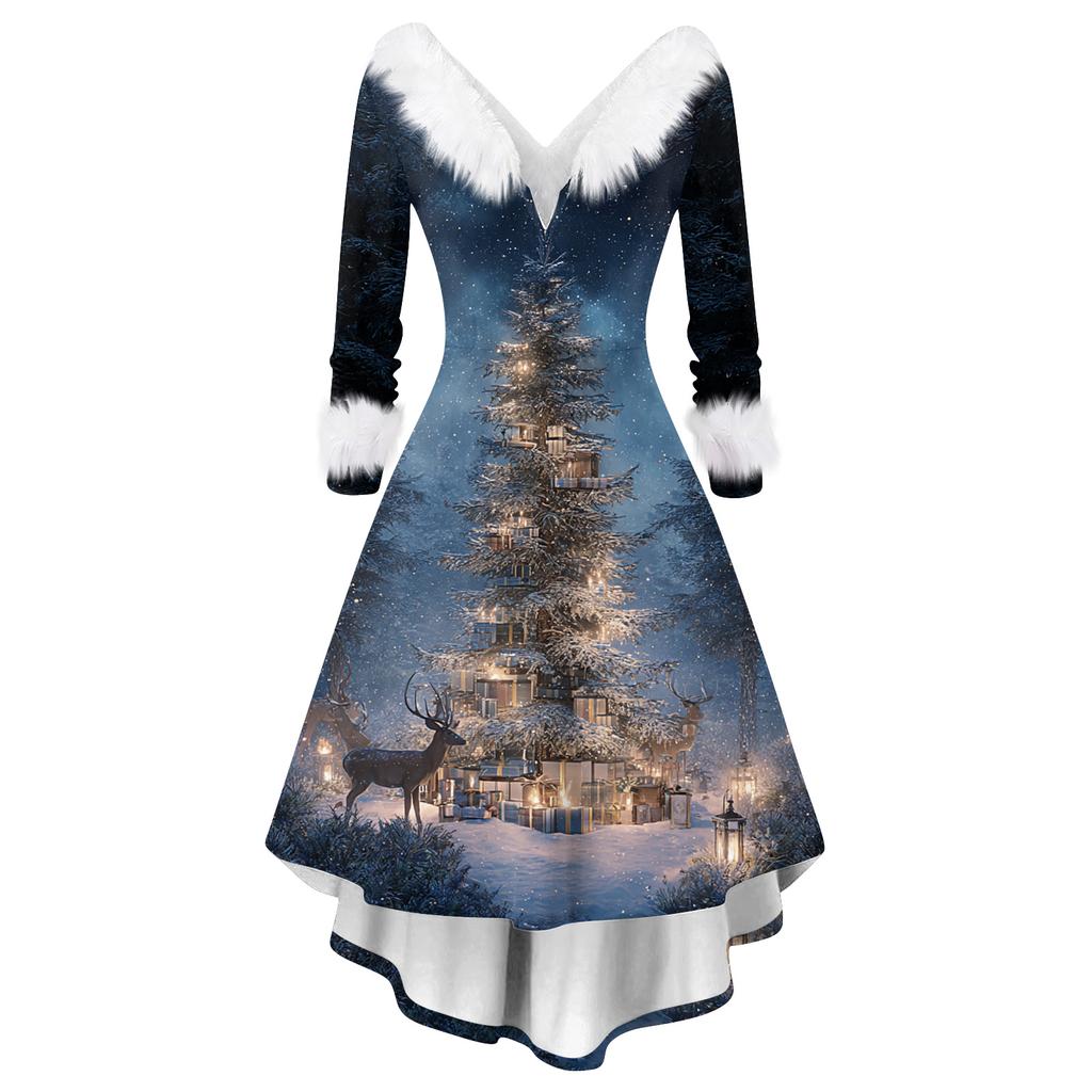 Women's Fashion Casual V-Neck Christmas Print Long Sleeve Dress