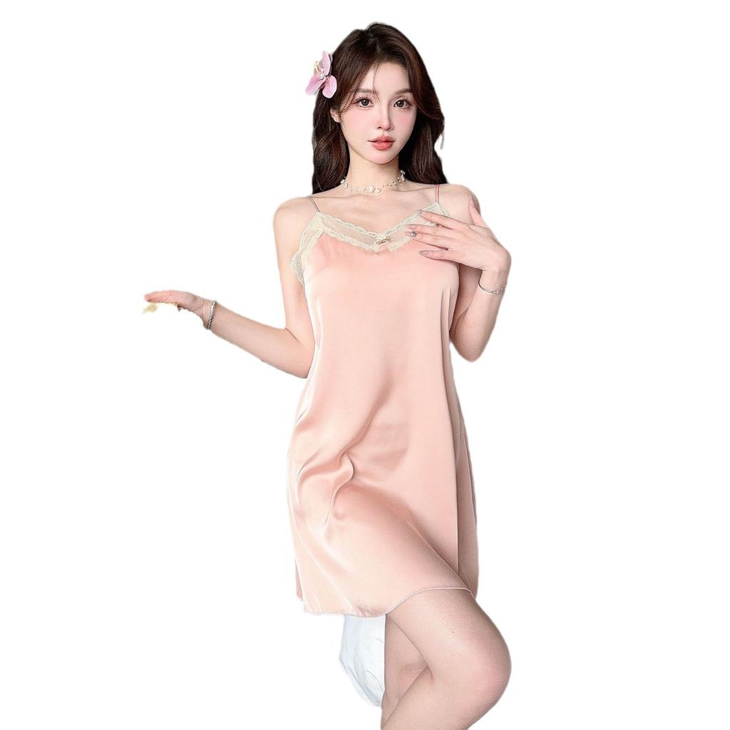 Sexy nightdress women's ice silk summer new model with chest pad lace thin suspender pajamas pure desire style loungewear