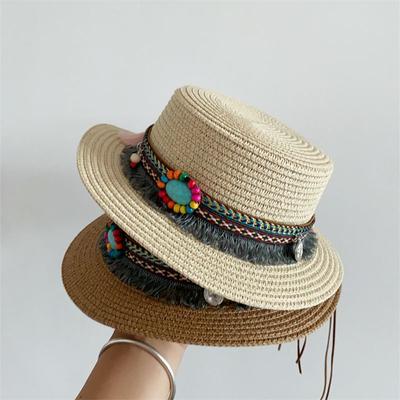 Girls' Sun Hat Flat Top Grass Hat Outdoor Beach Versatile Sun Protection Flat Edge Top Hat