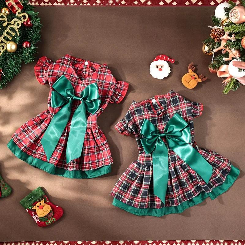 New Pet Clothing Christmas Classic Plaid Skirt Puppy Holiday Costume Peplum Sleeve Dog Clothing Cross-border