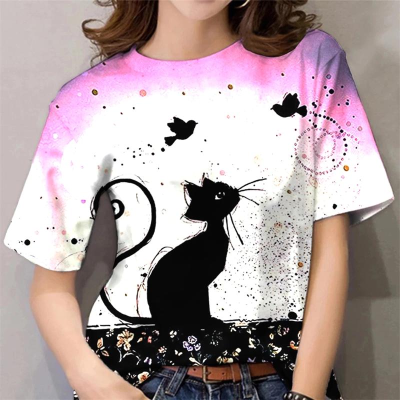 2025 T-Shirt For Women Kawaii Cat Print Tops Summer Oversized Tshirts Womens Clothes O-Neck Tees Female Clothing Fashion Blouse