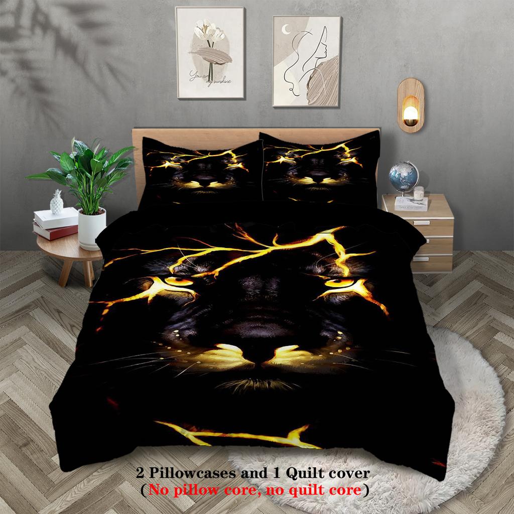 Animal Duvet Cover Set Queen Size Polyester Lightning Lion Pattern Duvet Cover Grey Black Soft Bedding Set for Teen Boys Man