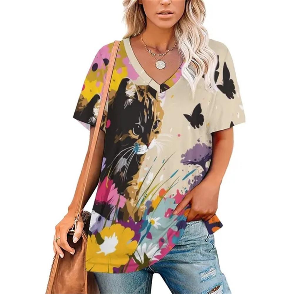 Sexy Katze Blumenmuster V-Ausschnitt Vintage T-Shirt Teenager T-Shirts Unisex Kleidung Vintage Streetwear Alltagsstil Mode Streetwear Y2k Tops