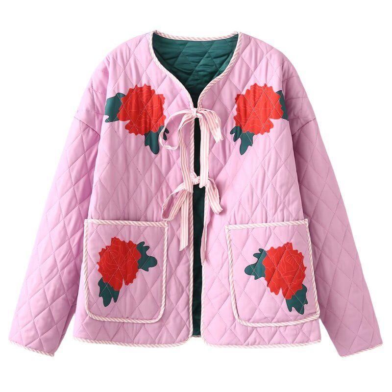 

Western Style 2024 Autumn and Winter New Women Design Commuter Versatile Positioning Print Lace-up Fashion Loose Cotton-Padded Coat Pink L