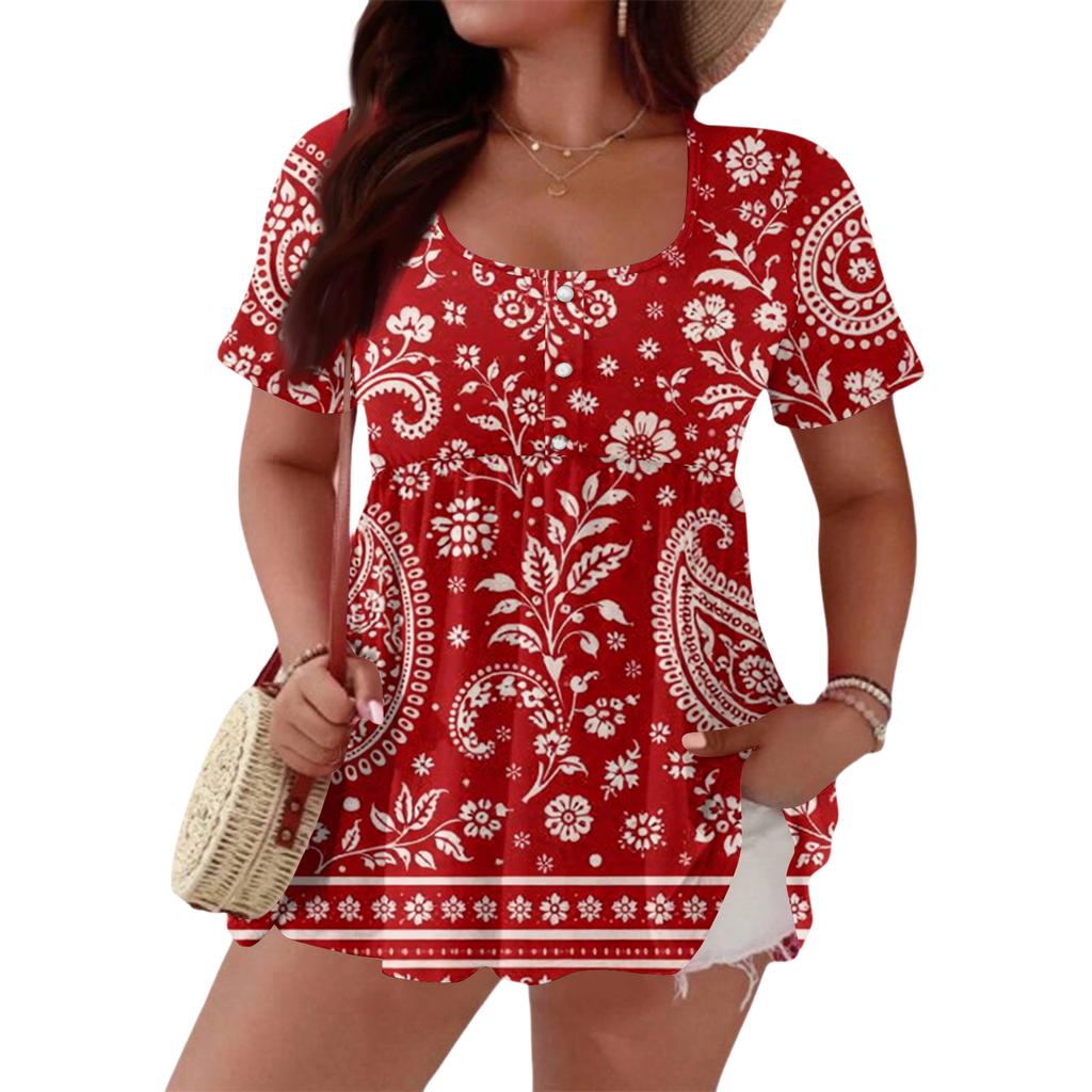 Women's Fashionable Casual Short Sleeve Loose Fit Button Front Printed Blouse
