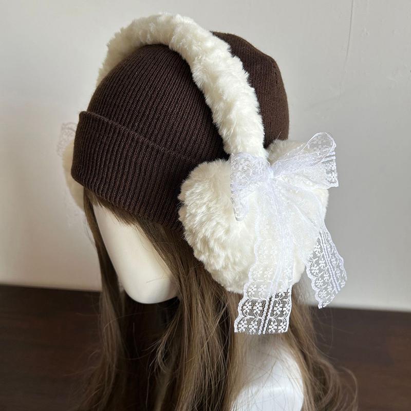 

Winter New Japanese Sweet Girl Cute Earmuffs Lace Bow Plush Winter Warm Headwear Women Earplugs Cold Protection Love Ear Muffs OneSize