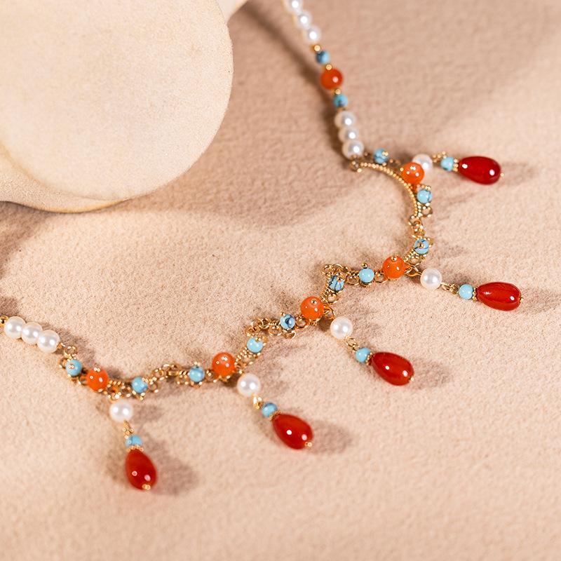 Orange Red Water Droplet Necklace, Original Ancient Style Hanfu Necklace, New Chinese Qipao Accessory, Soft Yingluo Chinese Style