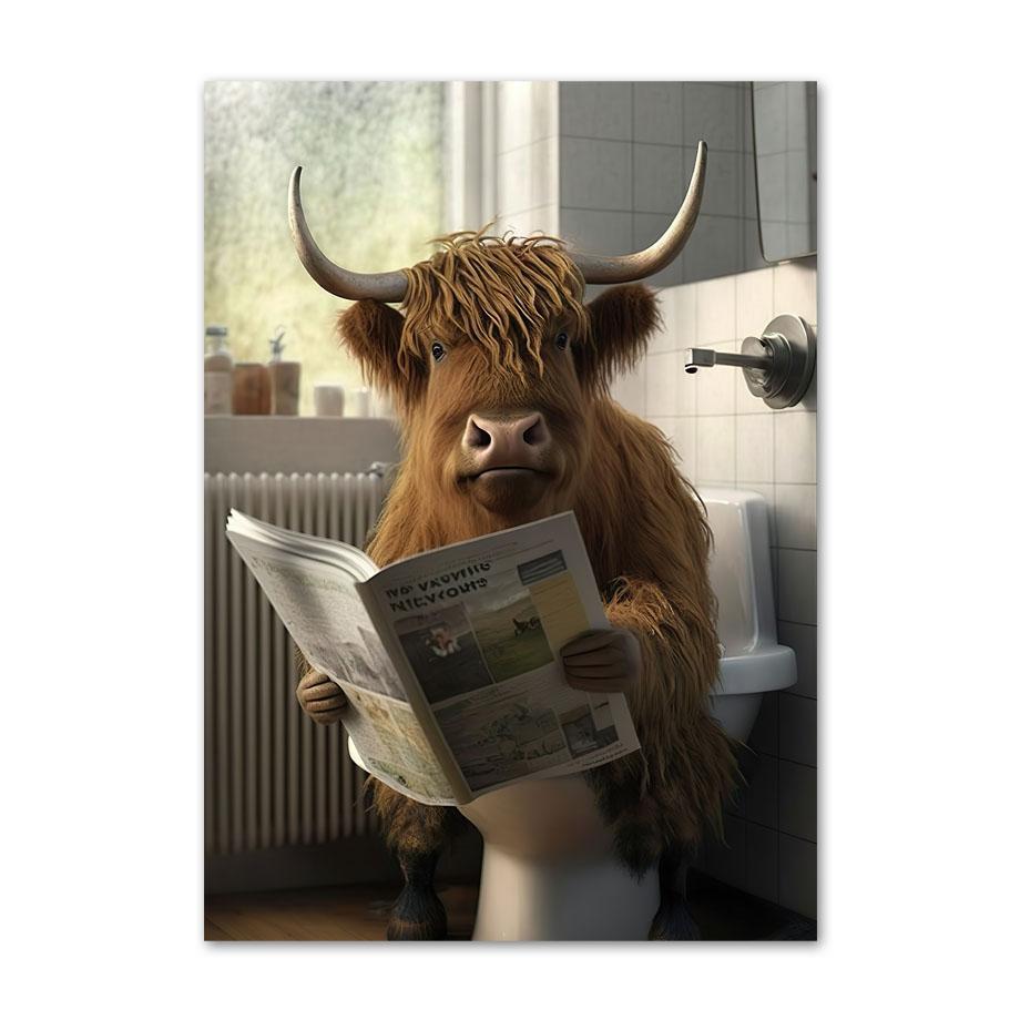 Lion Rabbit Bear Sitting On The Toilet Reading A Newspaper Posters And Print Wall Art Canvas Painting Funny Bathroom Humor Decor