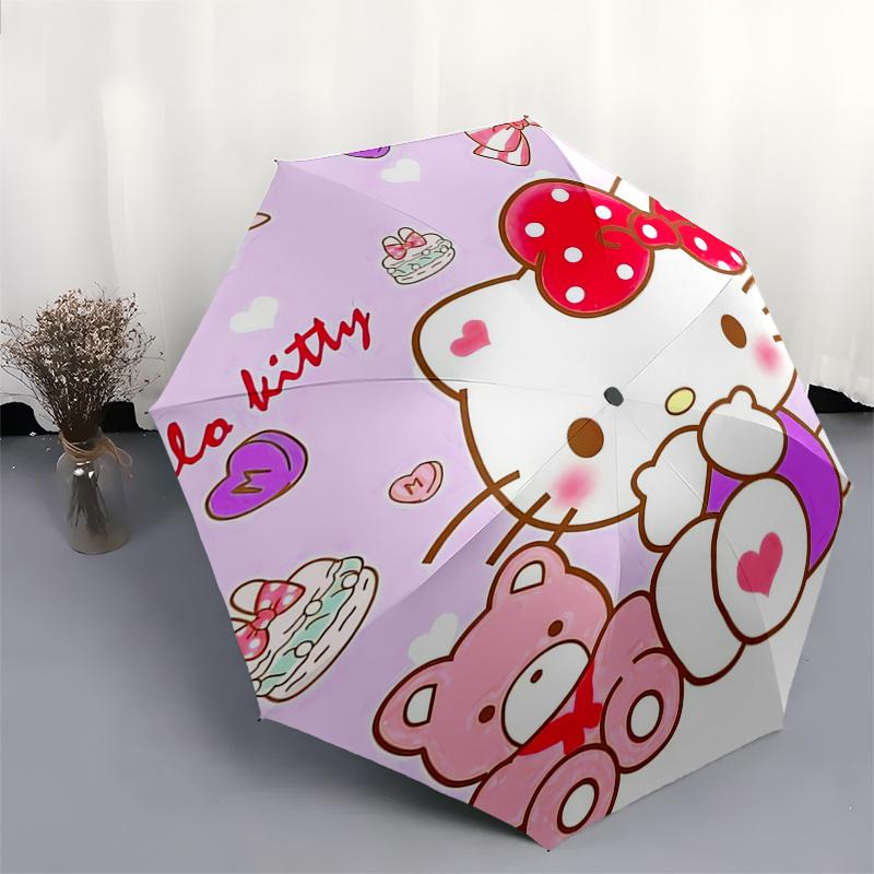 Hello Kitty,Bow Automatic Folding Umbrella-Simple 8-Rib Design, Bright Cartoon Pattern, Durable Iron Frame, Suitable For Travel, Outdoor, Be