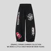 Unisex Retro Graffiti Print Drawstring Jogger Pants Loose Streetwear Casual Trousers Cotton Blend