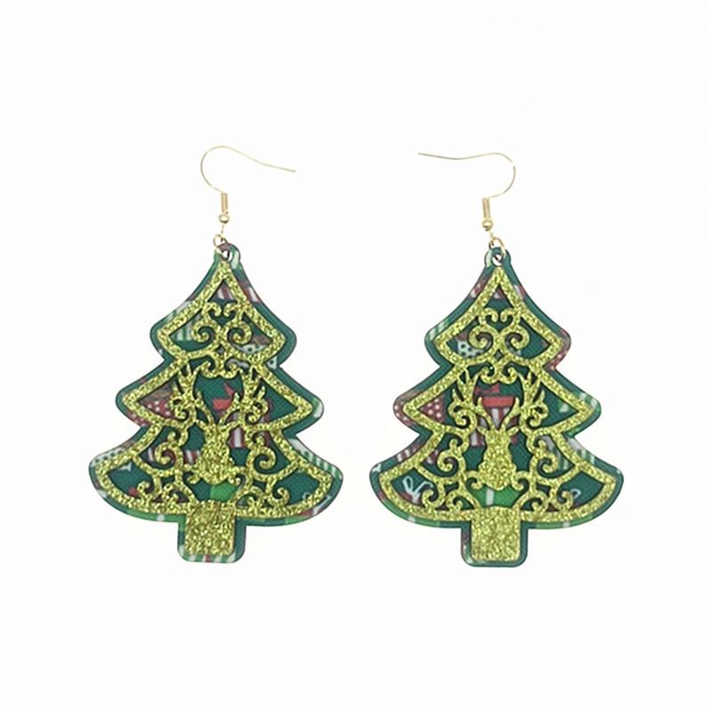 European & American Christmas Wooden Double-Layer Glue Leather Earrings with Hollow Design