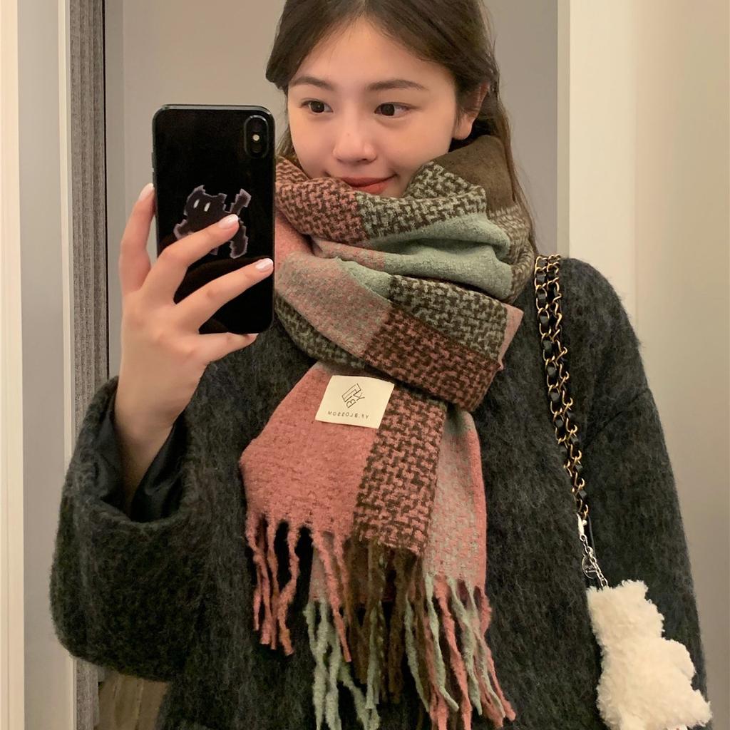 Plaid Scarf Women's Winter Thickened High End New British Retro Warm Scarf Korean Style Versatile Shawl Pink