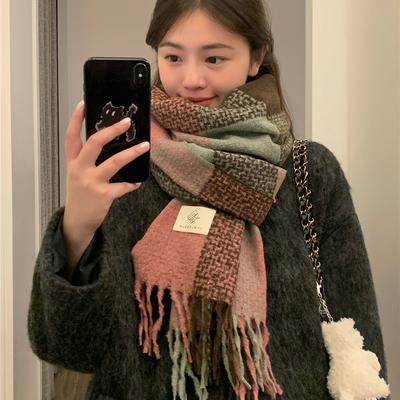 Plaid Scarf Women's Winter Thickened High End New British Retro Warm Scarf Korean Style Versatile Shawl Pink