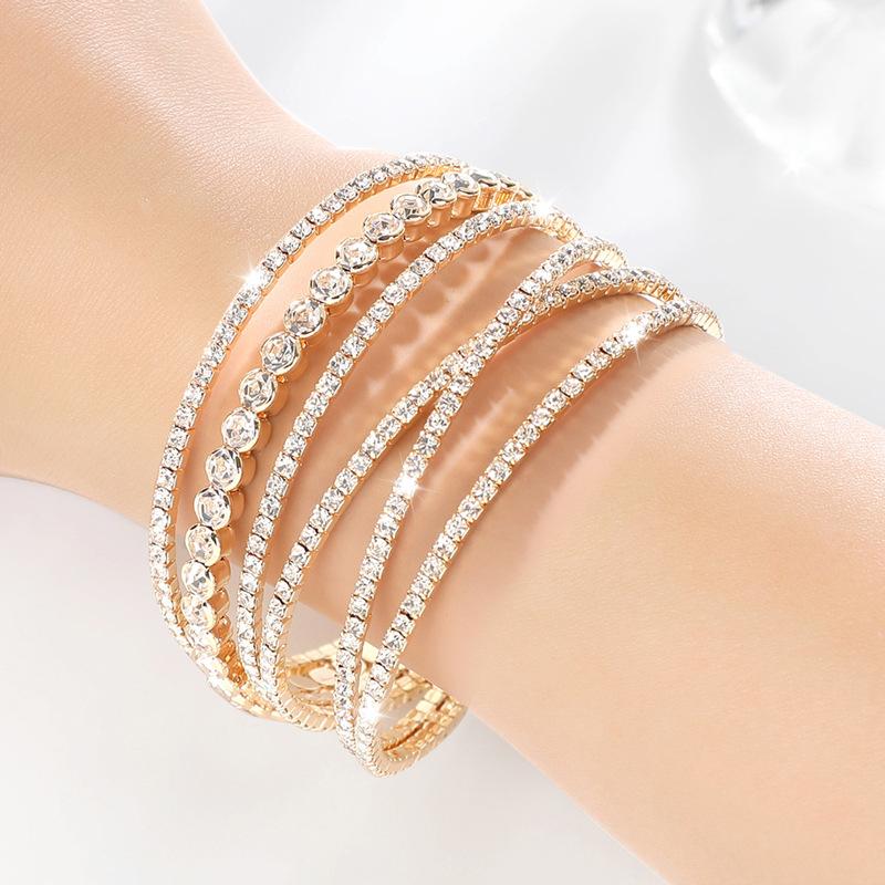 Diamond-Encrusted Steel Wire Elastic Bracelet Six Rows Open ** Fork Wound Rhinestone Bracelet Full Diamond Bracelet Female