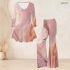 Women Plus Size V Neck Three Quarter Sleeve Marble Printed Blue Flared Top And Flared Pants Two Piece Set