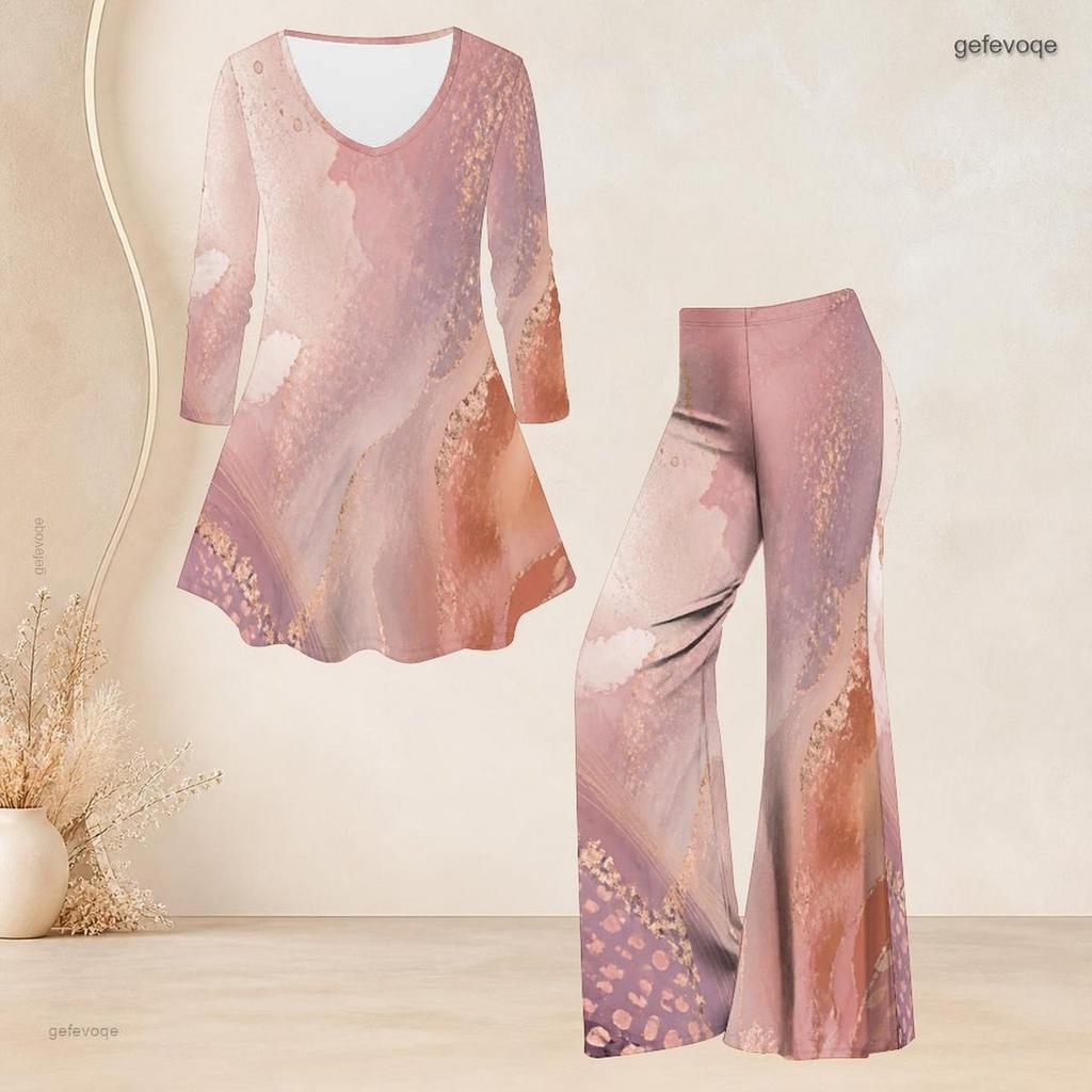 Women Plus Size V Neck Three Quarter Sleeve Marble Printed Blue Flared Top And Flared Pants Two Piece Set