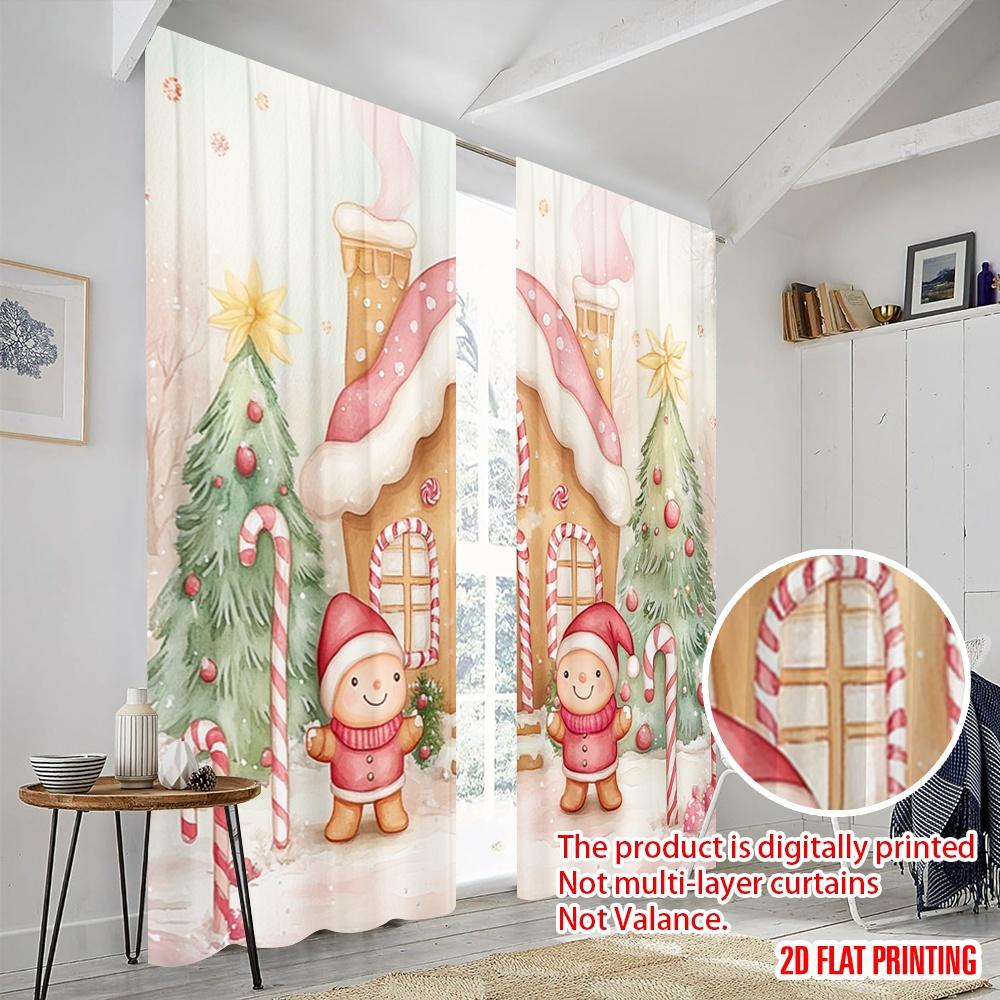 2pcs,2D Plane Printing Light Filtering Curtains Gingerbread House Candy Christmas Tree_a (2) Versatile Durable Polyester