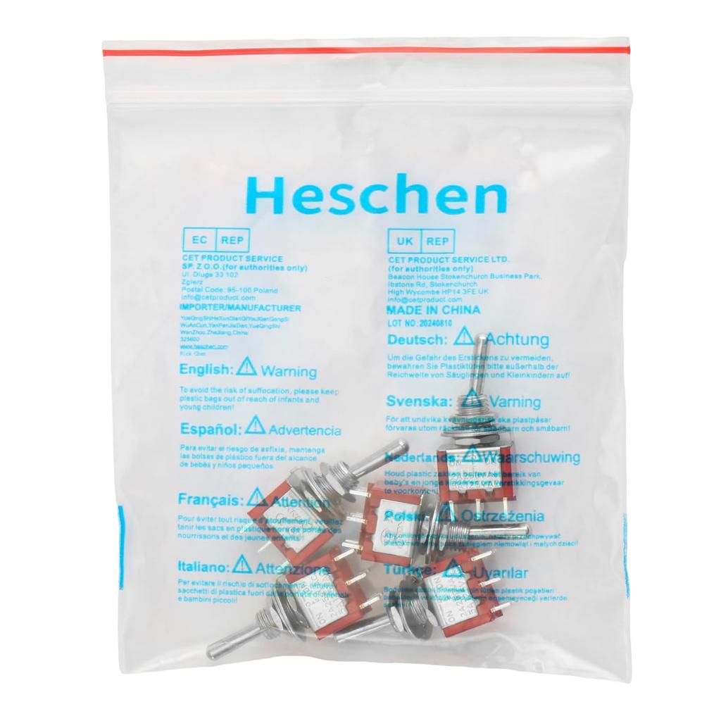 Heschen Mini Toggle Switch, MTS-223, (ON)-Off-(ON) Momentary Type, DPDT, 6 Pin, 2A 250V, 6A 125V, Pack of 5
