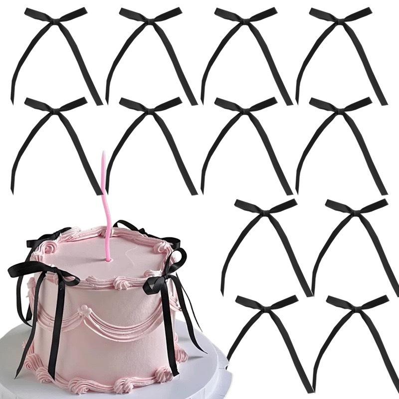 30pcs Bow Cake Toppers Pink Ribbons Bows for Cake Coquette Themed Bow Cupcake Toppers Pink Bow Birthday Wedding Decorations