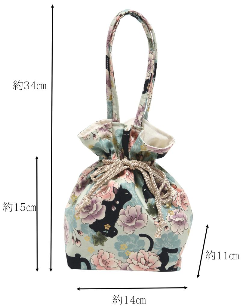 [Hasegawa] Cat Pattern Drawstring Bag with Handle, Made In Japan (Cat FlowerLight Green)