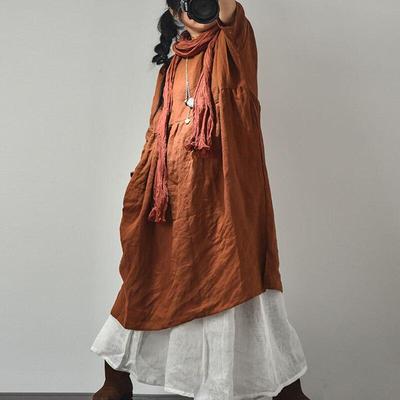 Women Vintage High Waist Linen Dresses Spring Solid Color Simple Dress