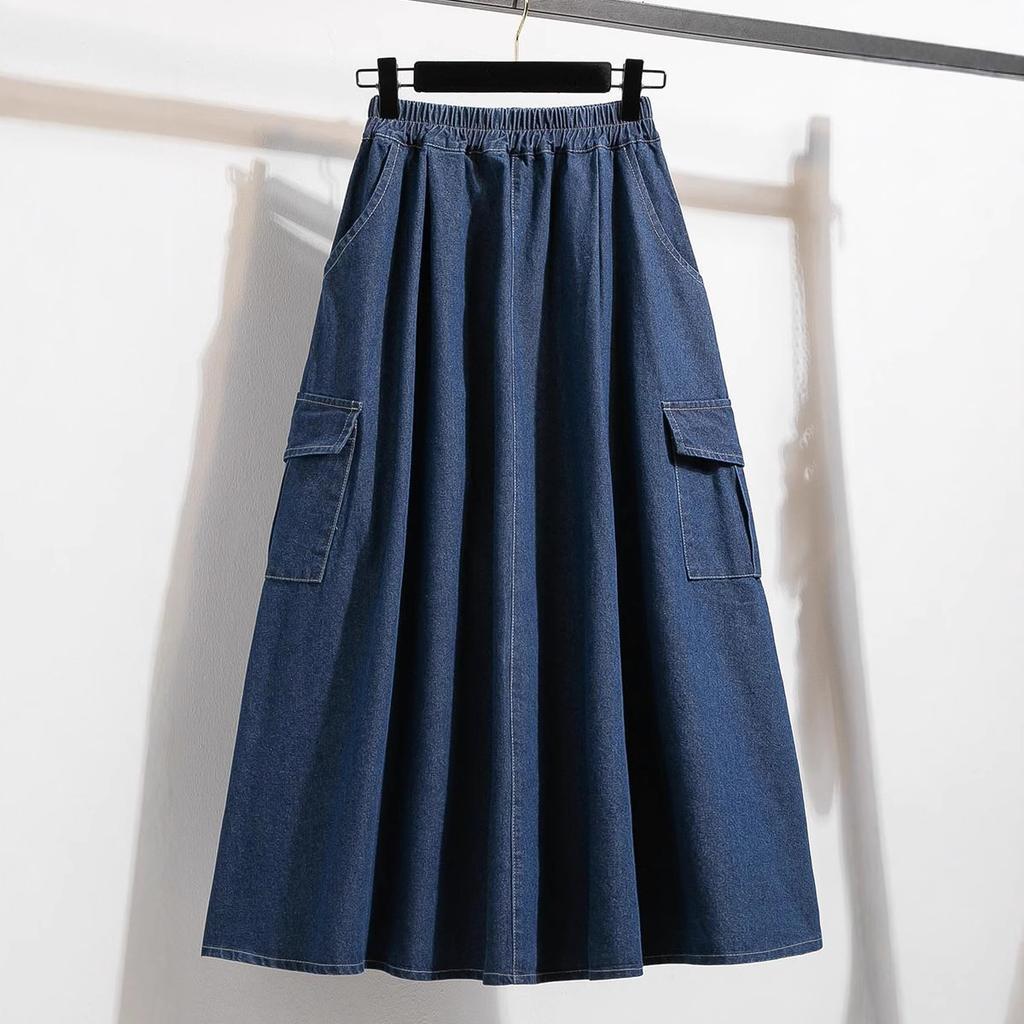 Plus Size Spring Denim Skirts Women Clothing Blue Pockets Fashion A-Line Jeans Skirt High Waist