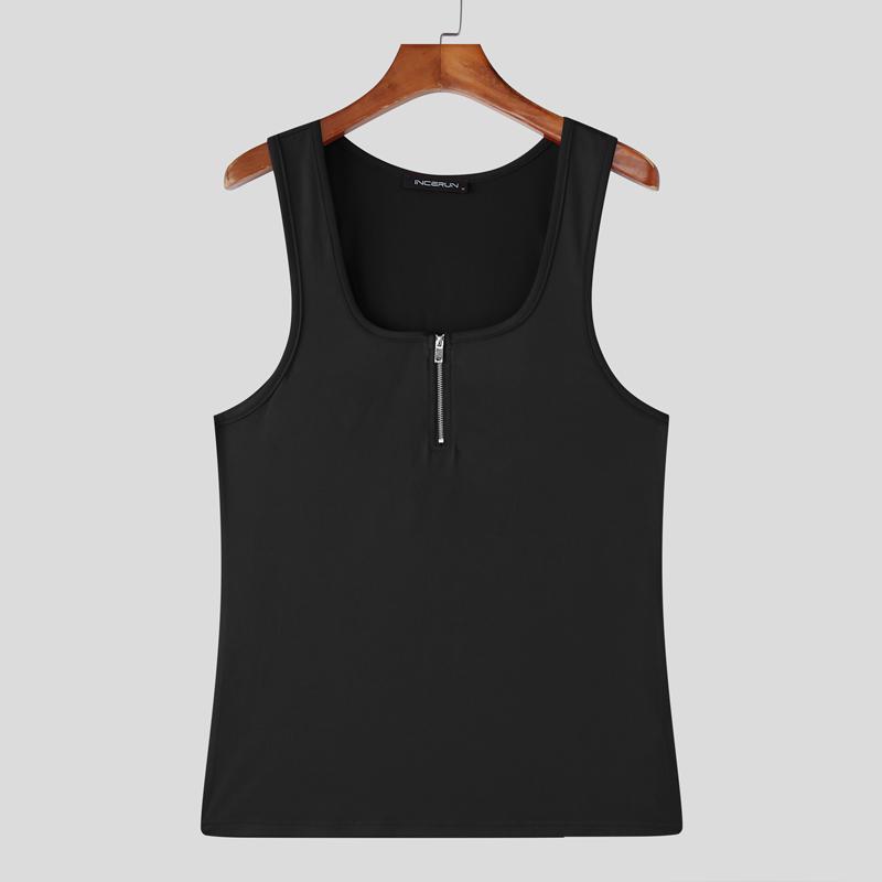 

INCERUN Men U Neck Strap Sleeveless Zipper Casual Fitted Tank Tops