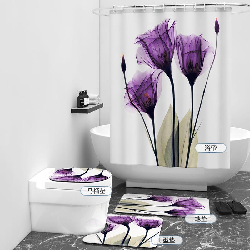 Einfacher Badezimmervorhang Blume Digitaldruck Duschvorhang Duschvorhang Vier-teiliges Set