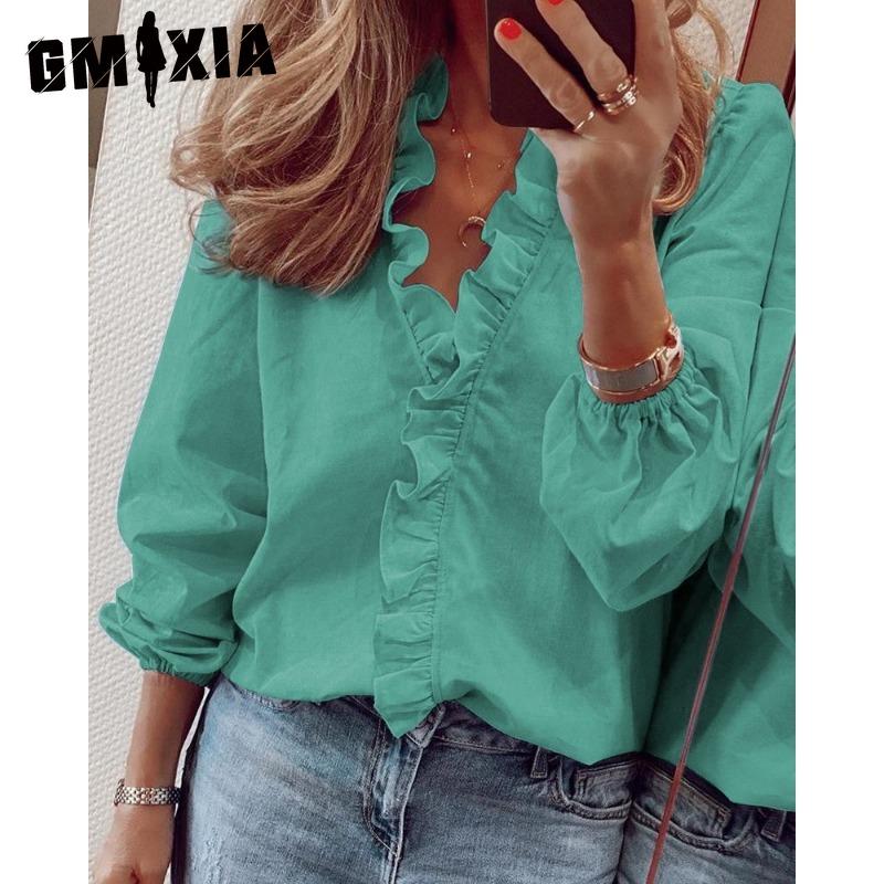 GMXIA Women's Fashion Casual Solid Color Print Long Sleeve V Neck Blouses & Shirts