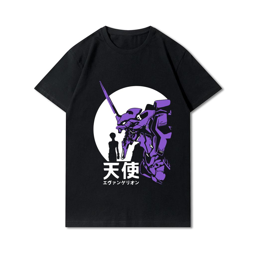 Plus Size Evangelion Printed Men T Shirts Round Neck Cotton Tops Summer Anime Casual Black Tees