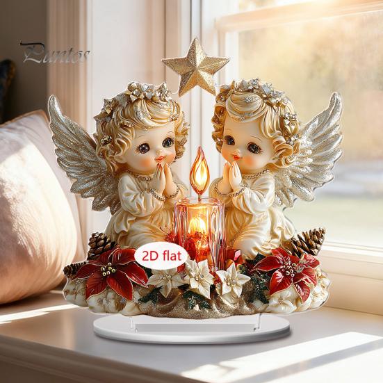 Christmas Party Supplies 2D Acrylic Angel Figurine with Warm LED Lights, Glowing Holiday Tabletop Decorative Signs Decor for Home Living Room