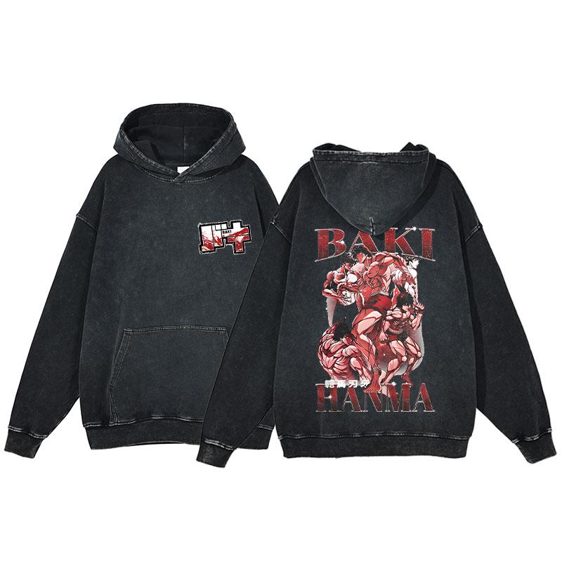 Hot Anime Baki Hanma Graphic Print Men Women Vintage Hoodies Washed Cotton Streetwear Harajuku Unisex Casual Loose Sweatshirt