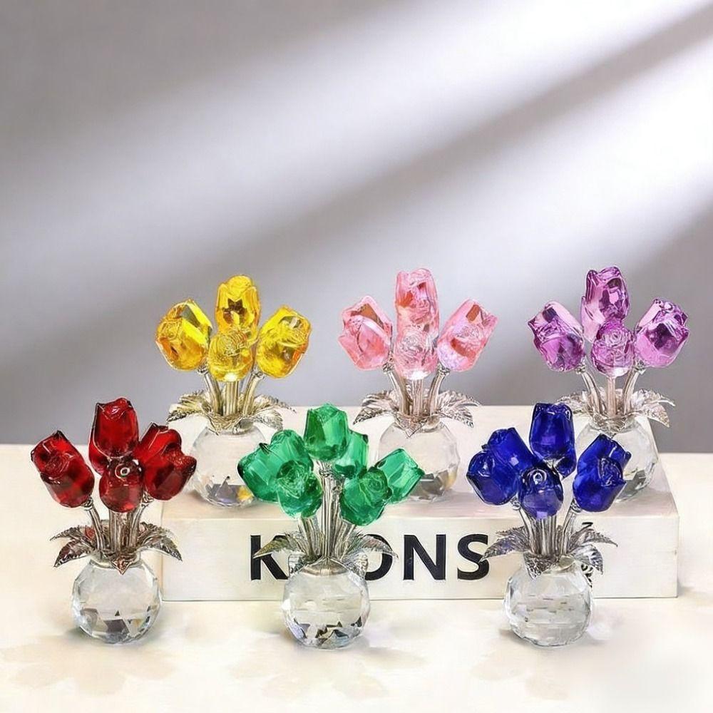 Creative Crystal Rose Sculpture Reflect Colorful Rose Bouquet Ornaments Small Handmade Crystal Rose Bundle Mother's Day