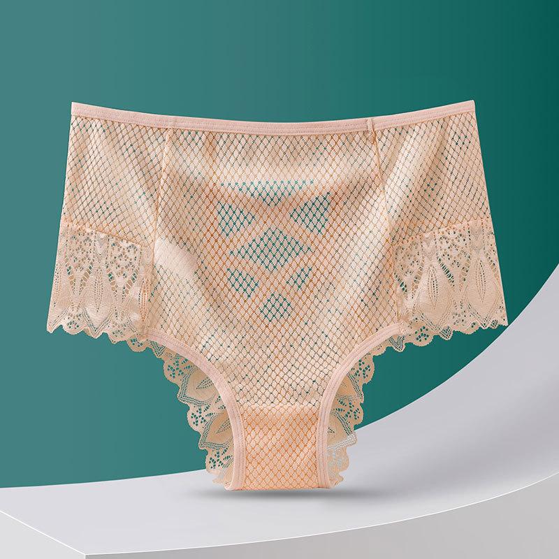 2PCS Sexy Mesh Women Lace Underwear Mid-Rise Briefs Hollow Out G String Underpant Solid Comfortable Female Breathable Lingerie