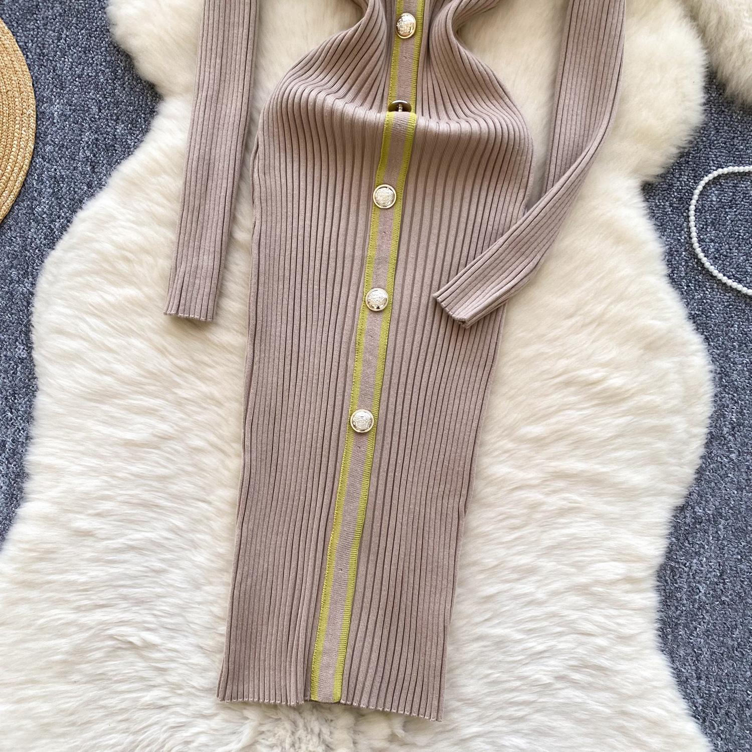 Осень-зима женские трикотажные платья 2024 винтажное лоскутное полосатое длинное — фото 11