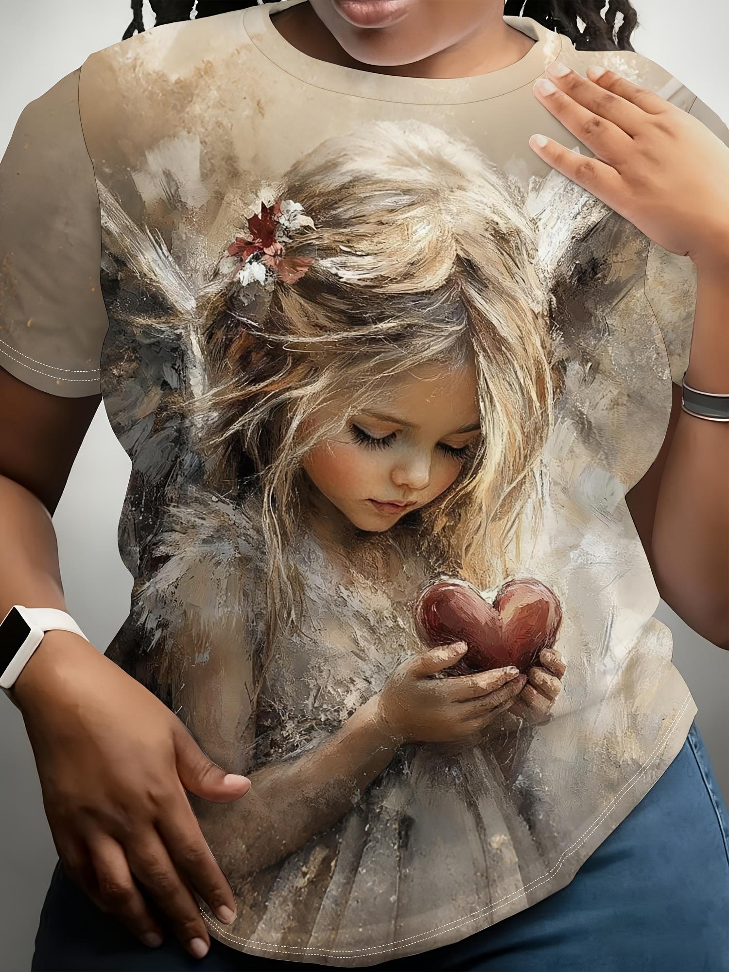 

Women S Digital Print Short Sleeve Shirt. Artistic Style ;Heart-Hugging Little Angel; Themed Printed Short Sleeve T-Shirt. Soothing And Artistic Top. M дубильна кора