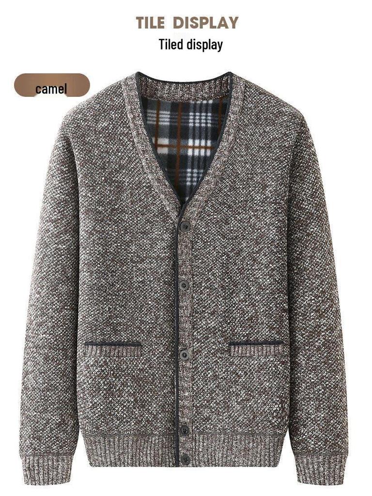 Men's Grey Plus Velvet Cardigan Sweater - Autumn/Winter Warm Knitwear for Middle-aged and Elderly