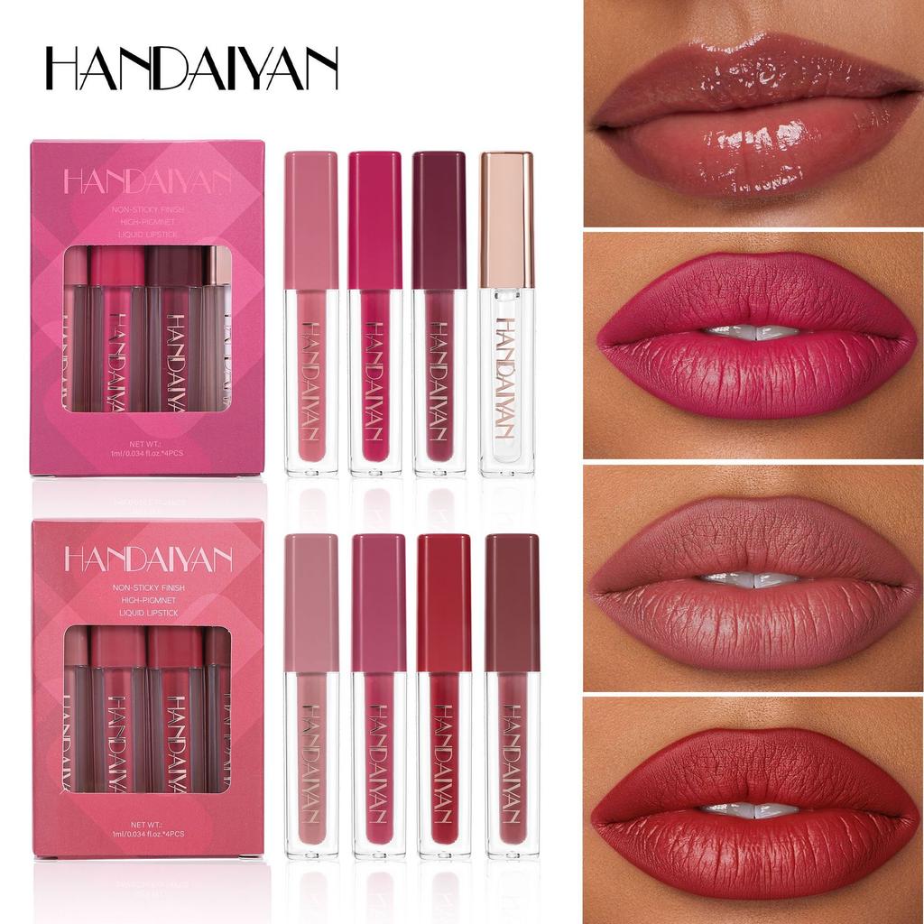 HANDAIYAN 4 Matte Velvet Lip Glaze Set Einfache Farbe Langanhaltend Wasserdicht Schweißfest Nicht-Klebendes Lip Glaze Set