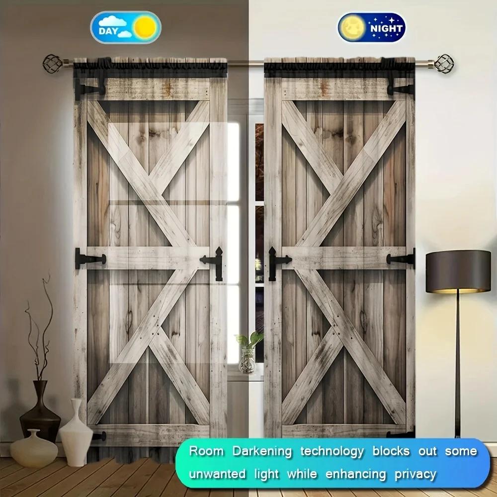 2pcs Light Colour Wooden Door Printed Curtain for Home Decor-Rod Pocket Window Treatment for Bedroom,Office, Kitchen,Living Room