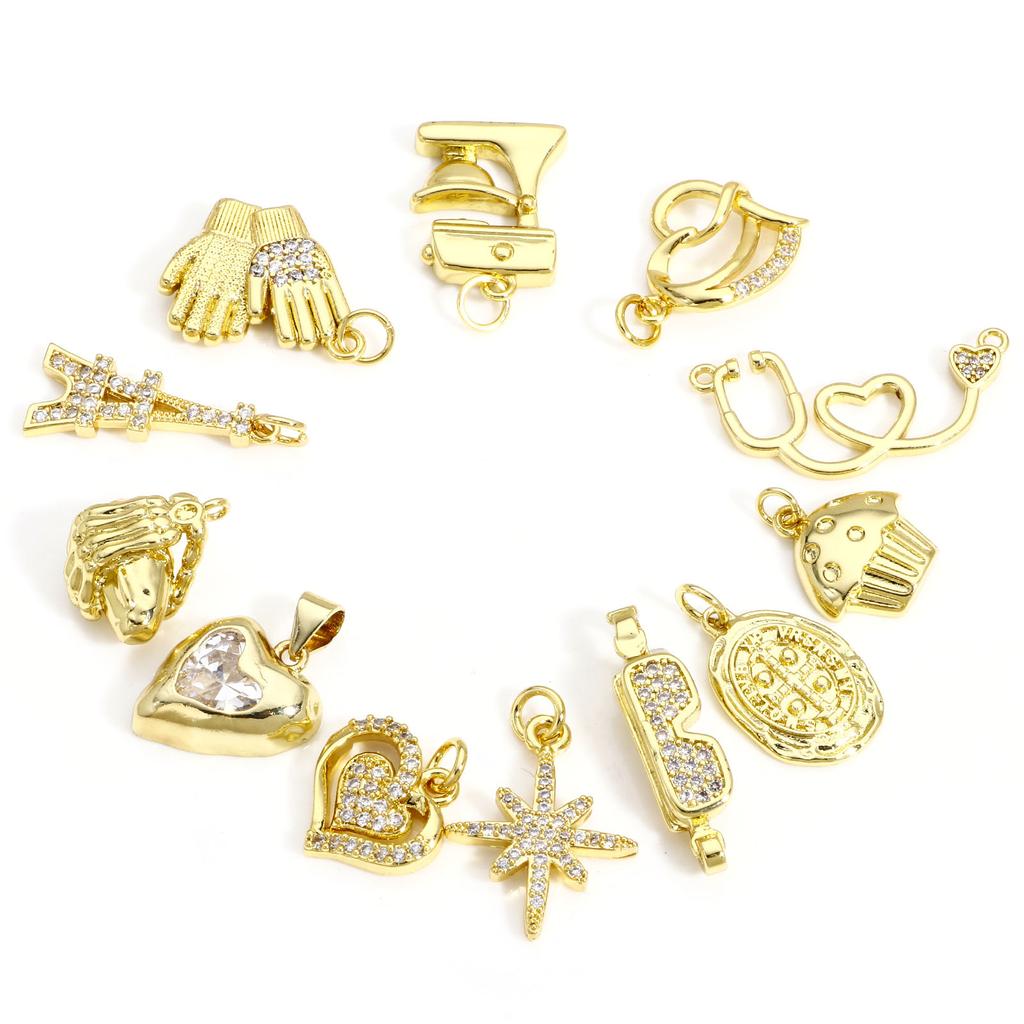 Brass Charms 18K Real Gold Plated Cake Glove Tower Star Pendants For DIY Necklace Jewelry Making, 1 Piece