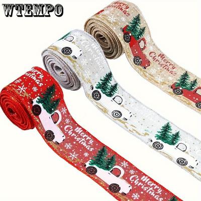 2rolls Christmas Ribbon with Wired Edges Festive Tree Truck Designs for Diy Wreaths Crafts Gift Wrapping Wired Ribbon for Wreaths Wrapping Ribbon
