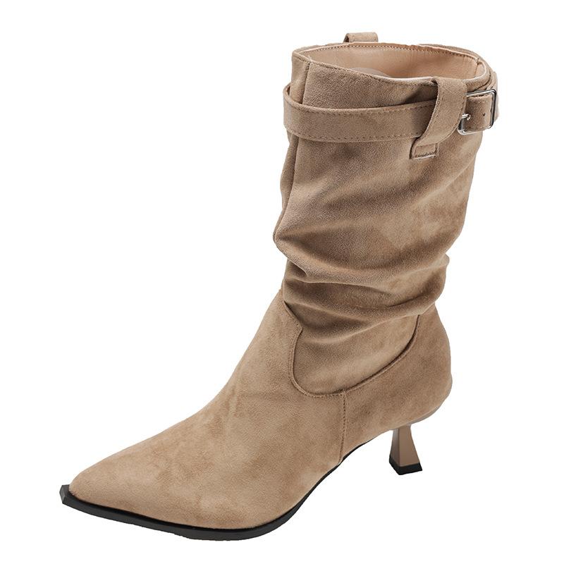 British Style Retro Fine High-heeled Pointed Short Boots Women's 2025 New Autumn with Skirt Height-increasing and Thin Stacking Boots