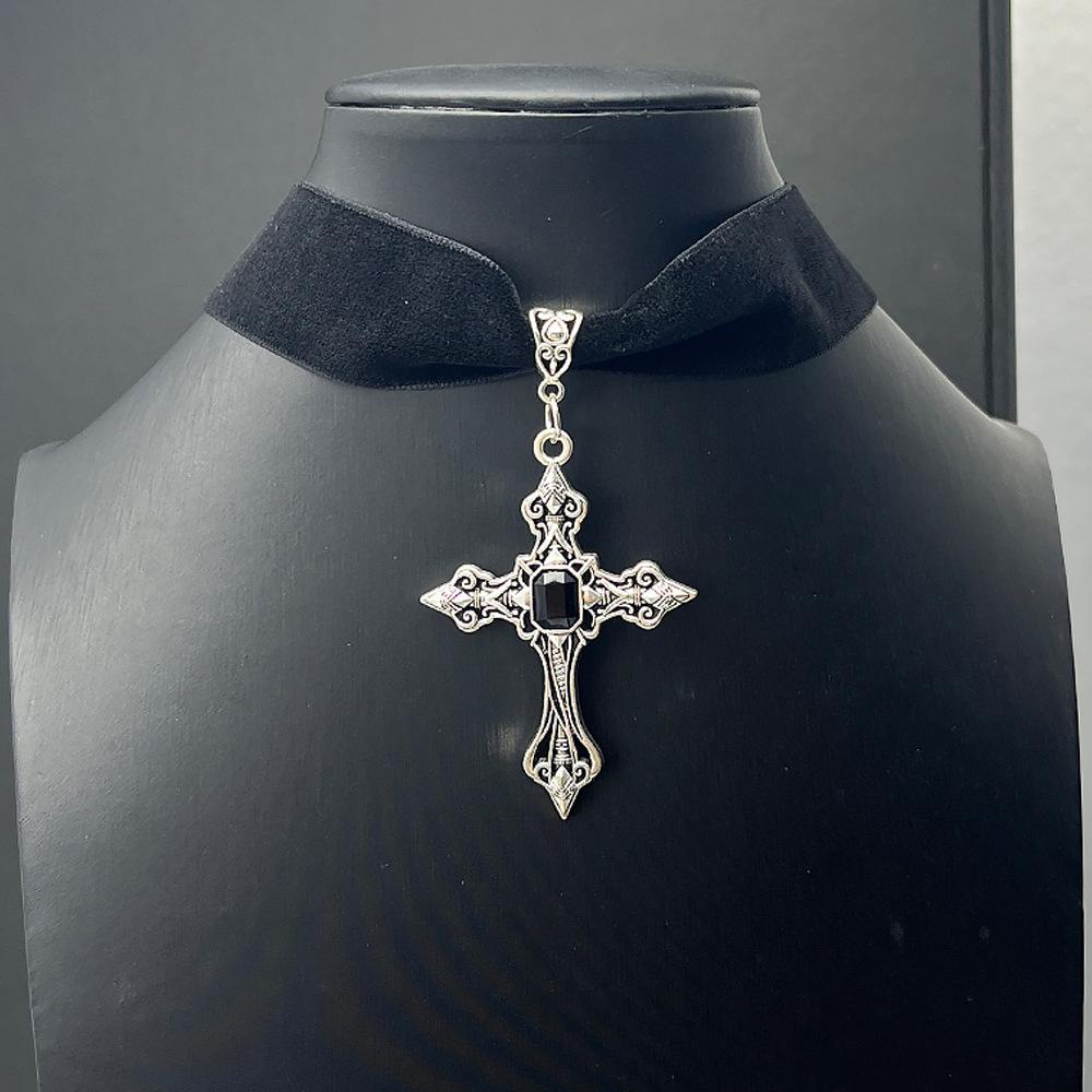 Gothic Dark Red Gemstone Cross Choker Necklace