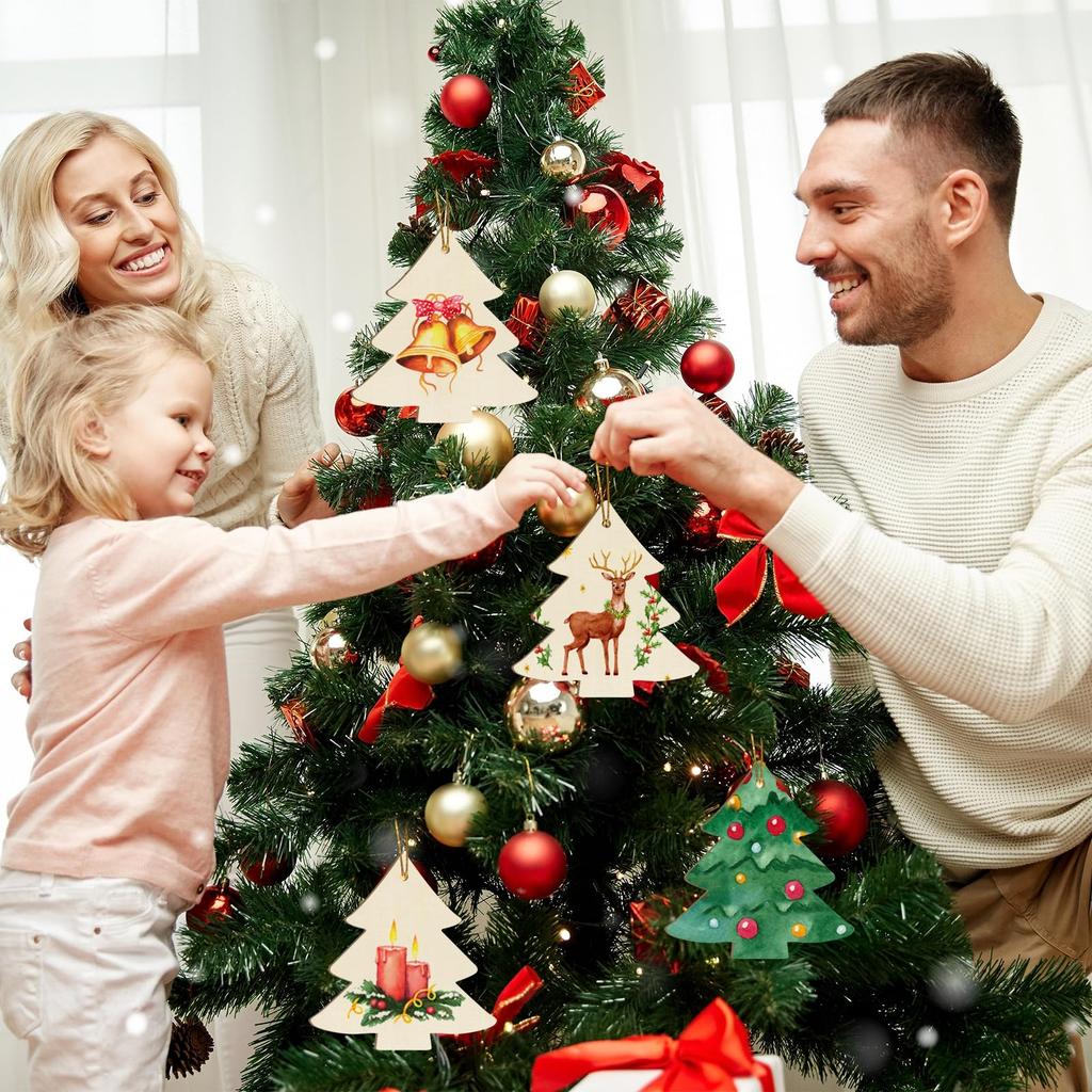 10Pcs Unfinished Wooden Christmas Ornaments Wood DIY Blank Christmas Tree Table Sign Hanging Ornament with String Base